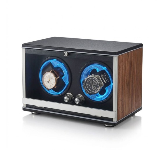 Walnut wood double watch winder 3/4 angle — warm walnut side panels with aluminum frame, dual blue LED ambient rings and two independent mode knobs