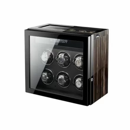 Lusso 6 macchina Avvolgitori per orologi con spazio extra in legno di ebano rigato - Dark Warrior Panoramica
