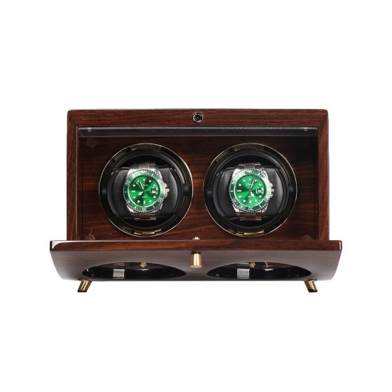 Interior of solid wood double watch winder showing 2 independent winding rotors and cushion pillows