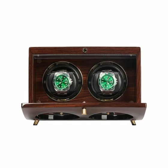 Interior of solid wood double watch winder showing 2 independent winding rotors and cushion pillows