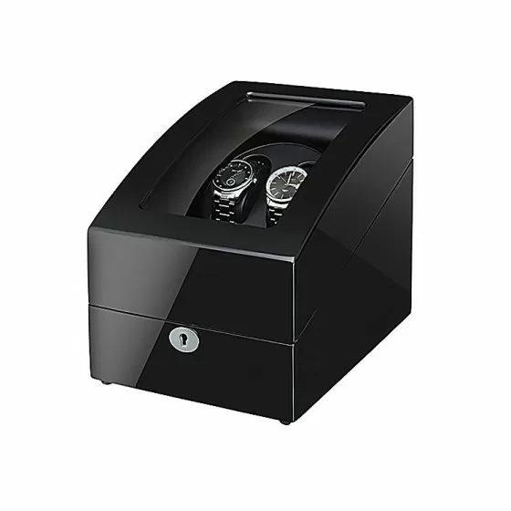 Interior of black double watch winder showing 2 winding rotors and 3 cushioned watch storage compartments