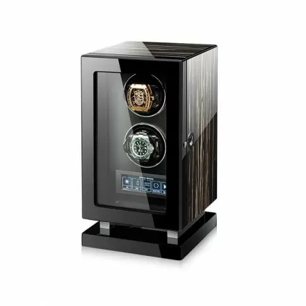 Roroos Dark Warrior double watch winder in striped ebony wood with dramatic grain pattern and glass front