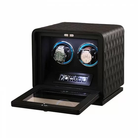 Remontoir 2 montres automatiques cuir noir vue 3/4 design luxe premium Roroos