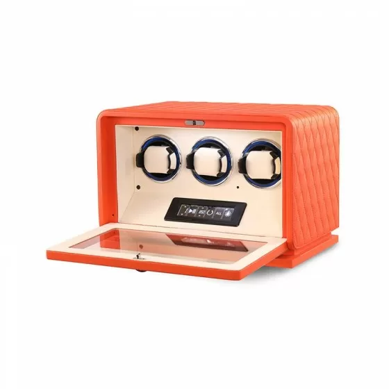 Interior of Roroos orange leather 3-slot watch winder showing three cushioned rotors