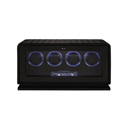 Roroos black leather luxury 4 watch winder box, front closed view
