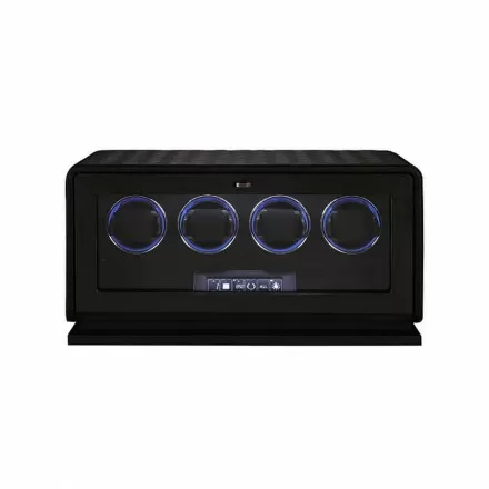 Roroos black leather luxury 4 watch winder box, front closed view