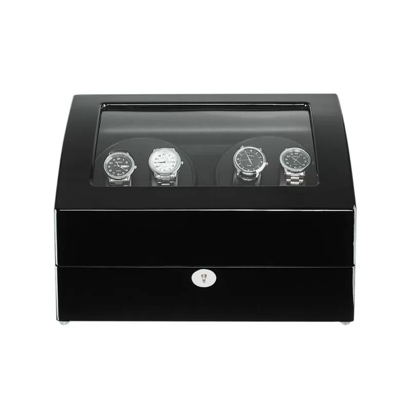 Scatola carica orologi automatici per 10 orologi colore nero – vista frontale con coperchio in vetro acrilico