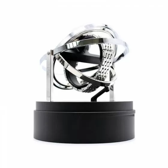 Dual-axis gimbal mechanism of silver astronomy watch winder — precision orbital winding for automatic watches