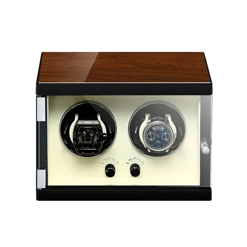 Roroos classic vertical wooden double watch winder with beige suede interior and glass front panel