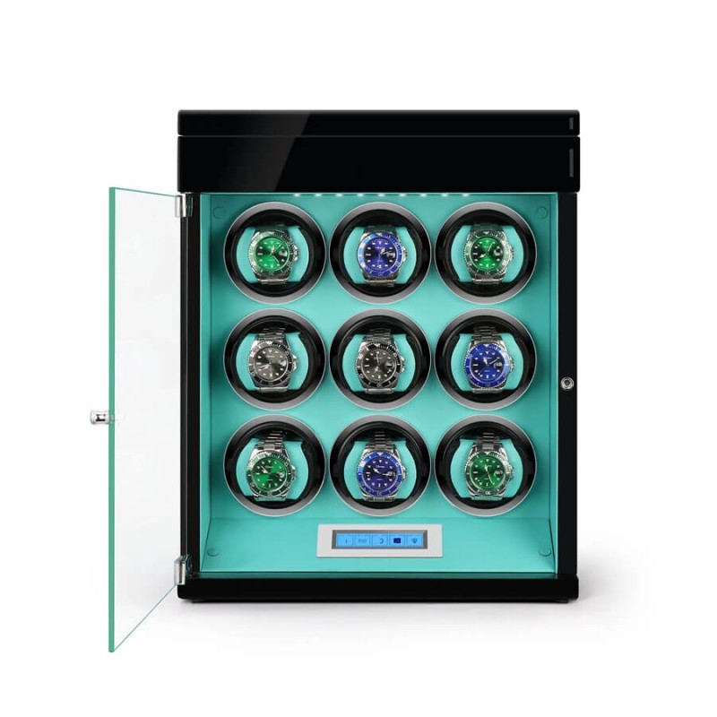 Open Tiffany blue 9 watch winder cabinet showing 9 independent rotating winding modules and storage drawers