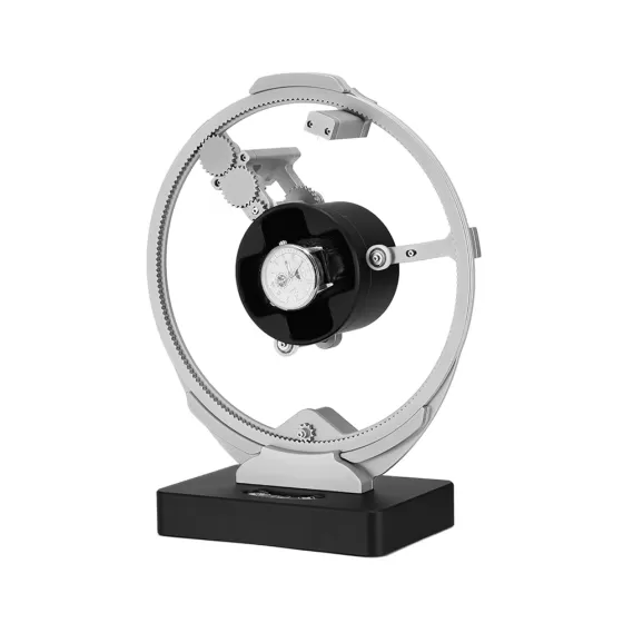 Roroos silver orbital watch winder showing full 360° multi-axis rotation path for automatic watches