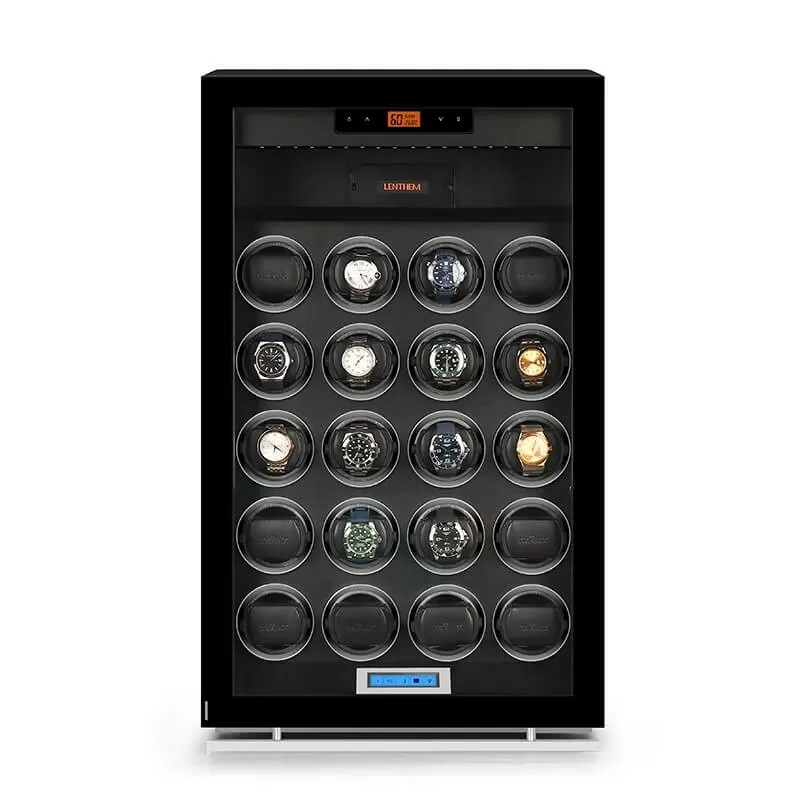 20-slot premium watch winder dehumidifier cabinet by Roroos with glass door and LED lighting, front view