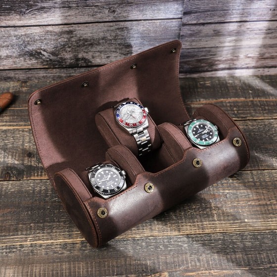 Genuine leather 3-watch travel roll in brown