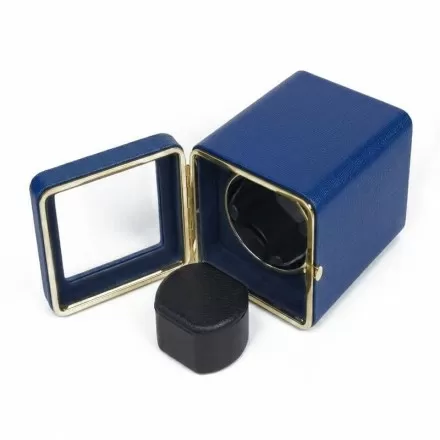 Phantom blue leather single automatic watch winder box by Roroos, front view Overview