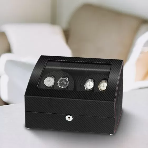 Close-up of carbon fiber weave pattern on Roroos luxury automatic watch winder case