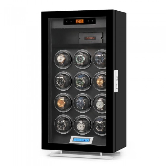 12-slot automatic watch winder dry cabinet with humidity control by Roroos, angled view