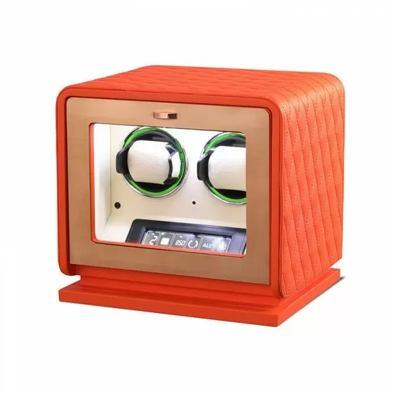 Orange leather 2-watch winder angled side view showing leather stitching and chrome hinge