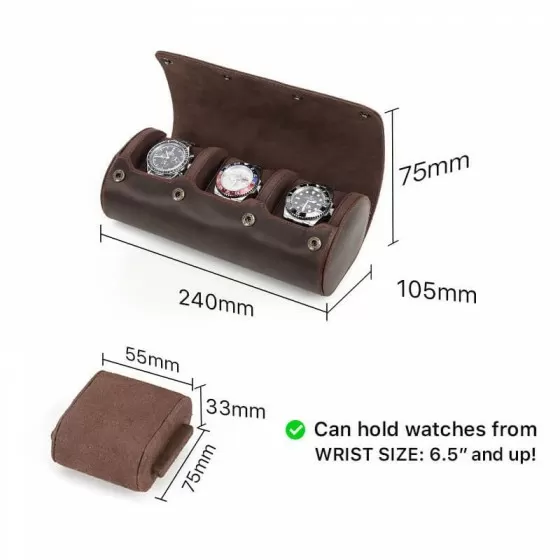 Roroos 3-watch leather travel roll unrolled displaying full-grain leather exterior and snap studs
