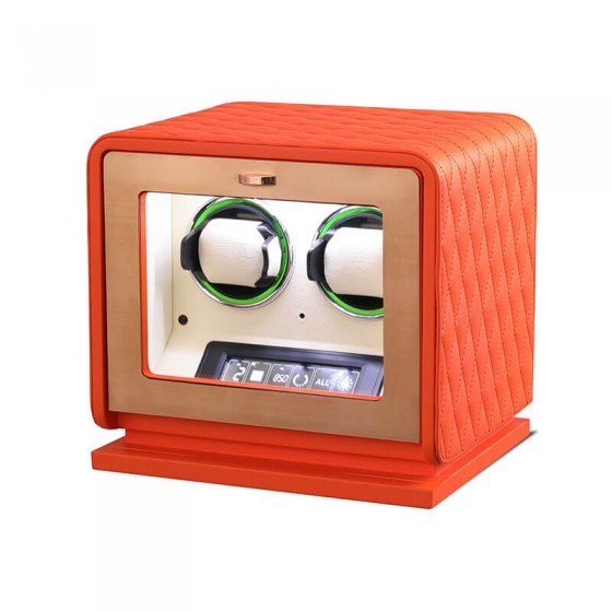 Side angle view of Roroos 2 watch winder box in premium orange PU leather with beige velvet interior