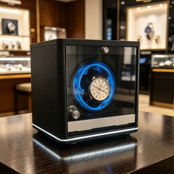 Visuel de mise en situation du remonteur de montre individuel en fibre de carbone avec LED flottante