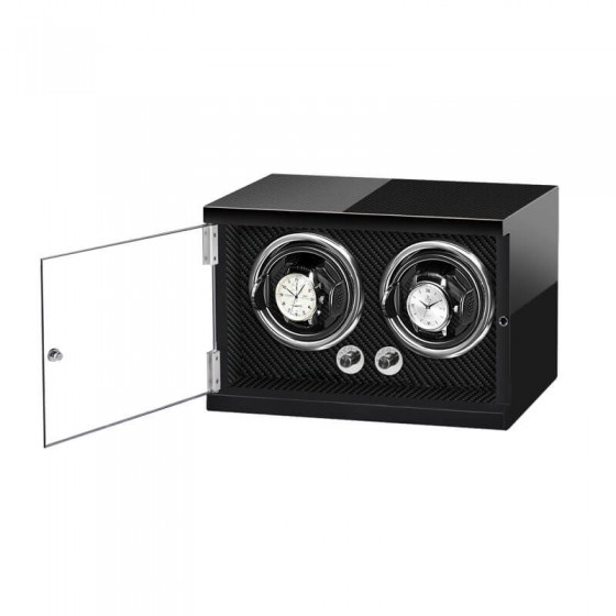 Roroos all-black vertical wooden double watch winder open view