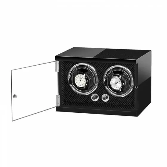 Roroos all-black vertical wooden double watch winder open view