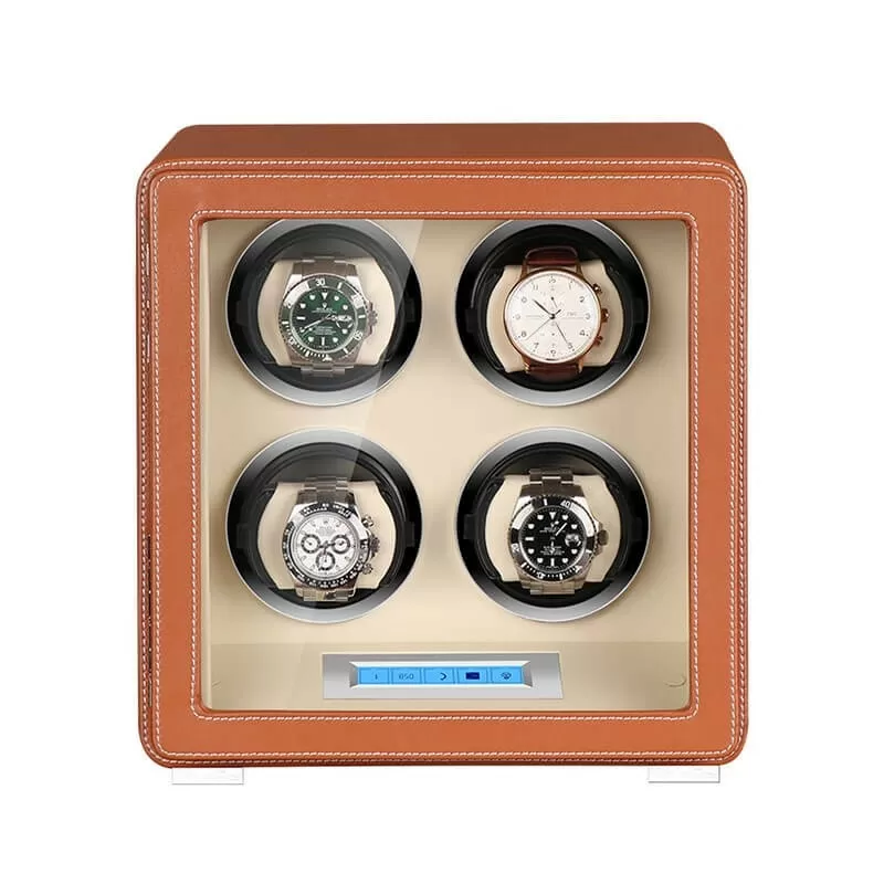 Avvolgitore automatico per orologio Quad Touch LCD in pelle marrone