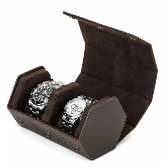 Roroos Hexagon Uhrenbox braun Echtleder auf Schreibtisch