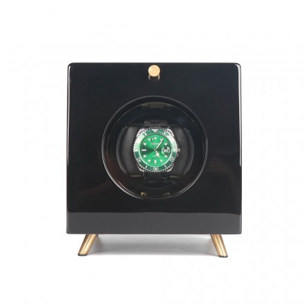 Roroos wooden retro single watch winder in black finish with glass window and vintage-style exterior
