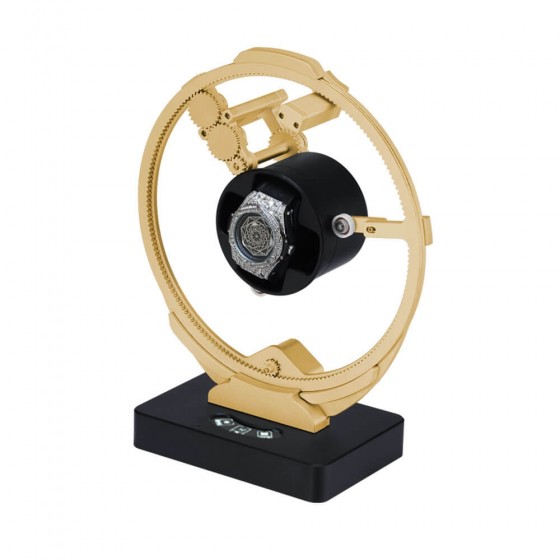 Angled view of Roroos Planetary Gear Single Watch Winder in gold