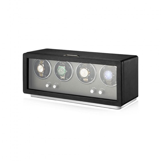 Black Leather Watch Winder Case for 4 Watches - angled view