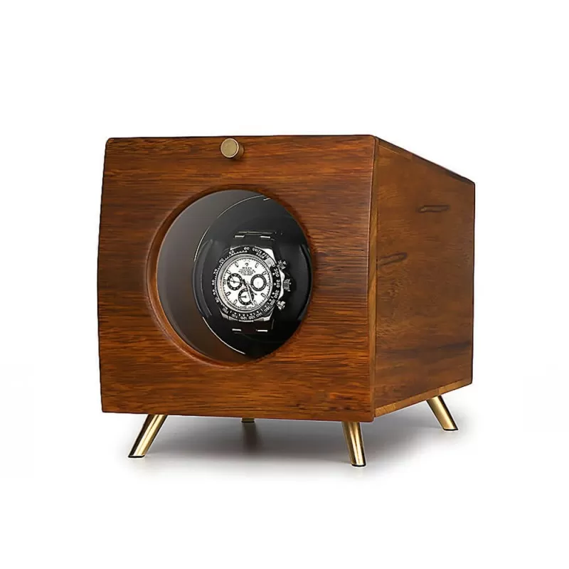 Angled view of Roroos single watch winder for Rolex in solid ebony wood