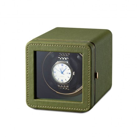 Olive green leather single automatic watch winder box by Roroos, front view Overview