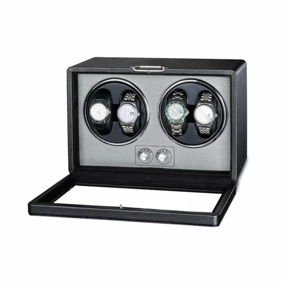 Open view of Roroos black leather 4-watch winder case showing four automatic watches in rotating bays