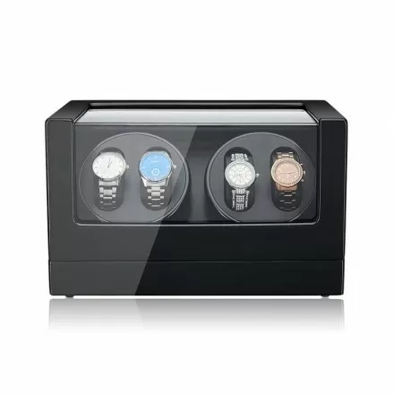 Black wooden quad watch winder for 4 automatic watches — front view