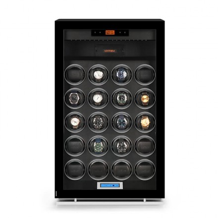 20-slot premium watch winder dehumidifier cabinet by Roroos with glass door and LED lighting, front view