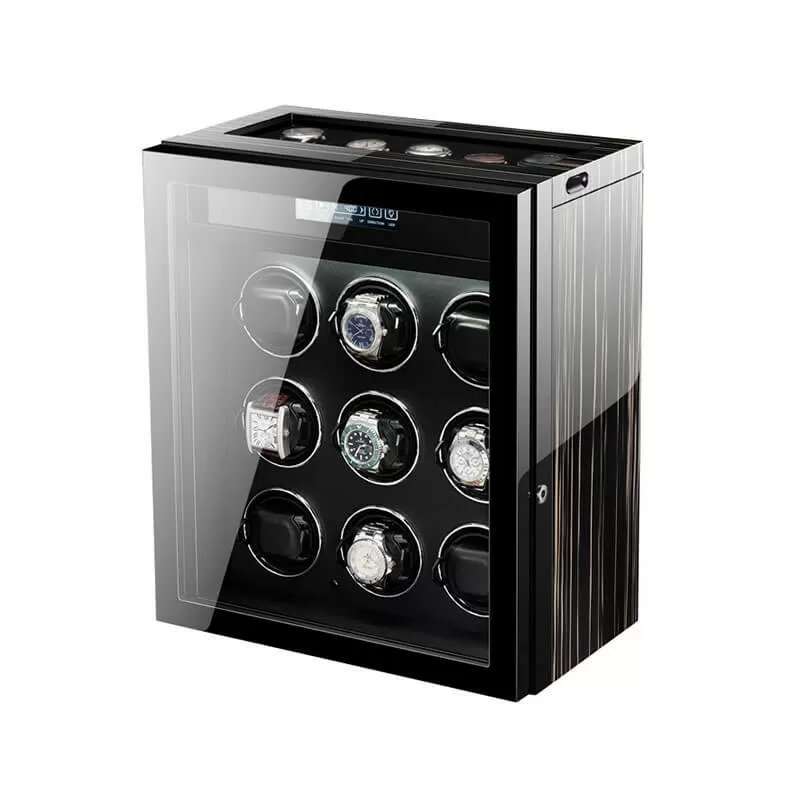 Angled view of 9 Watch Winder Box with 5 Extra Storage