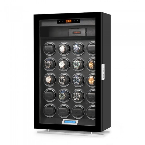 20-slot premium watch winder dehumidifier cabinet by Roroos with glass door and LED lighting, angled view