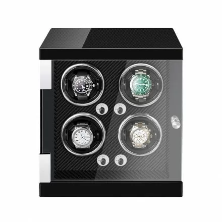 Roroos luxury vertical wooden 4-watch winder in carbon fiber style with glass front display door