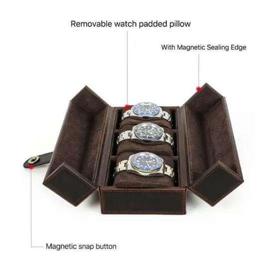 Roroos handmade watch box with brown leather exterior and fine hand-stitched seams