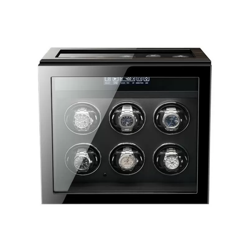 6-slot automatic watch winder with 5 extra storage compartments in striped ebony wood – Roroos Dark Warrior