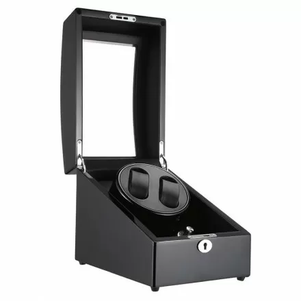 Piano gloss black double watch winder box with 3 storage compartments – front view Overview