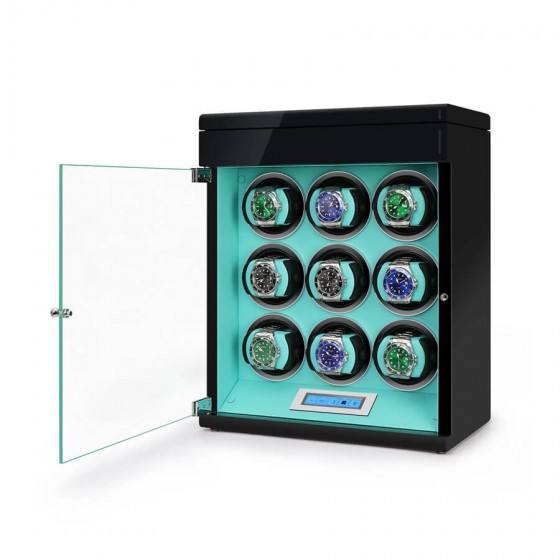 Angled view of Tiffany blue 9-slot watch winder box with extra storage