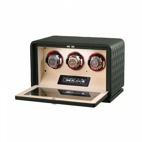 Smart LCD touch screen control panel on Roroos green leather watch winder with 300-2300 TPD settings