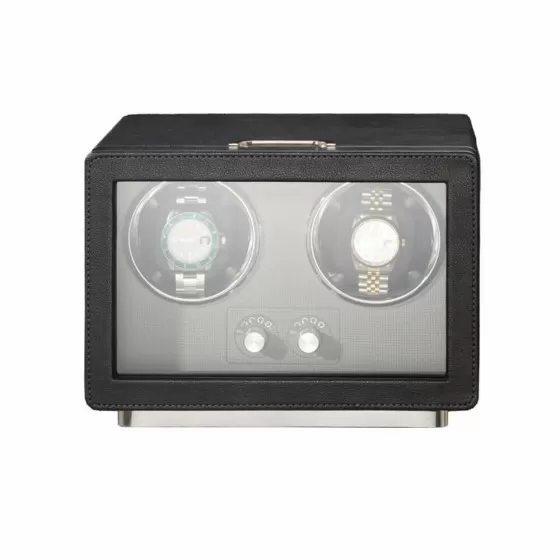 Roroos black leather double watch winder open showing two velvet watch pillows and LED strip