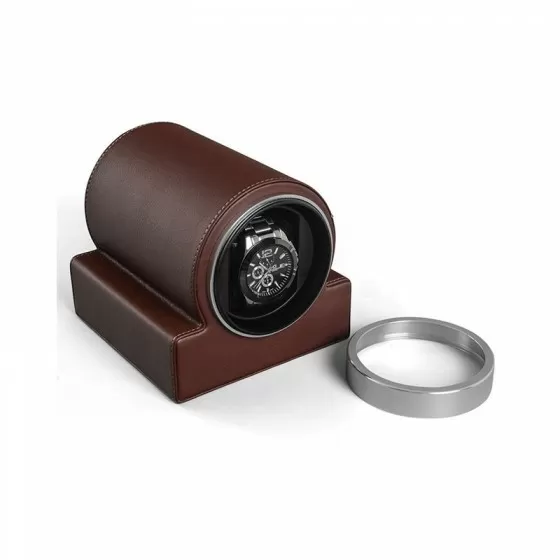 Rebobinador de reloj única individual clásico en cuero marrón con ventana de vidrio