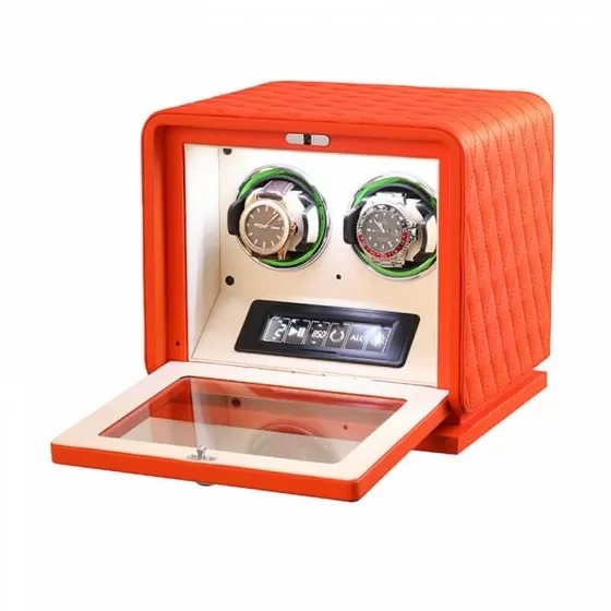 Double watch winder interior with two beige velvet pillows and flexible silicone cuffs, LED lit