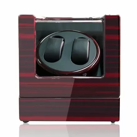 Roroos ebony double watch winder box with piano-lacquer finish and glass display front door