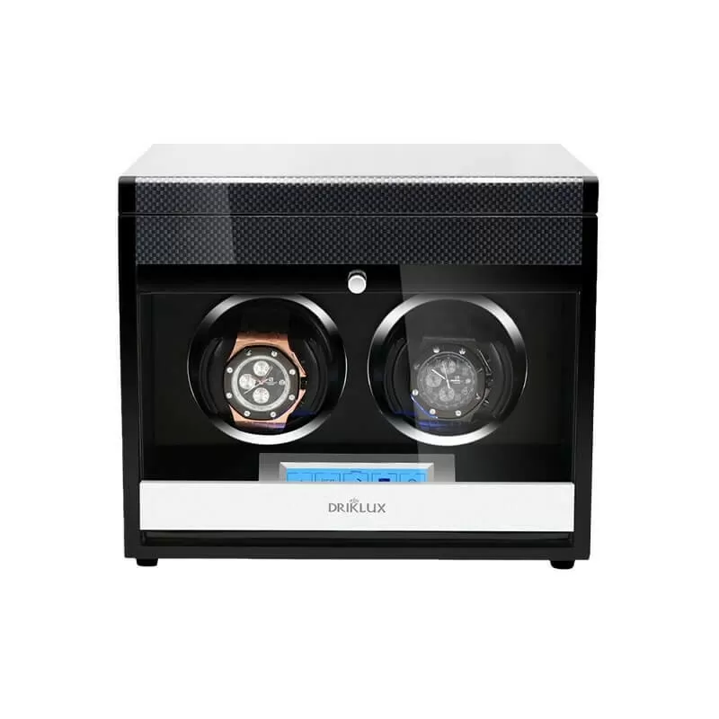 Roroos carbon fiber double watch winder with touch screen display and pull-out storage drawer, front view