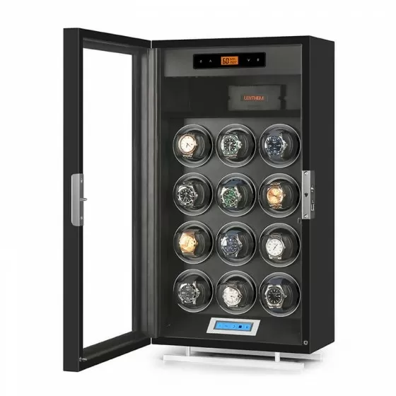 Humidity control sensor display panel on Roroos 12-slot dry watch winder cabinet